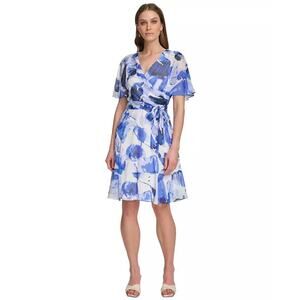 NEW DKNY Chiffon blue‎ white mini faux wrap dress cape sleeve